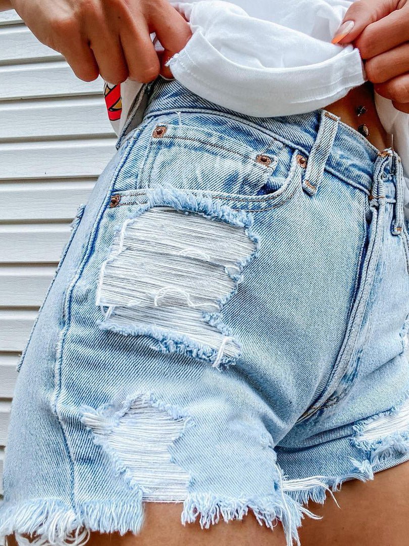 Women's Denim Head Print Ripped Fringed Denim Shorts Ins Street