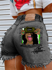 Women's Denim Head Print Ripped Fringed Denim Shorts Ins Street