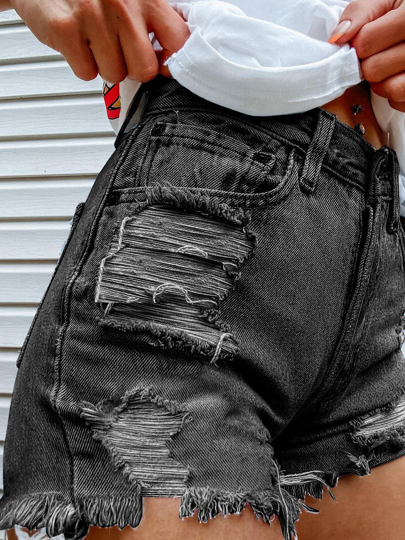 Women's Denim Head Print Ripped Fringed Denim Shorts Ins Street