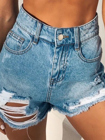 High Waist Single Breasted Ripped Denim Shorts Ins Street