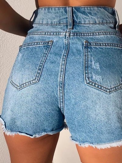 High Waist Single Breasted Ripped Denim Shorts Ins Street