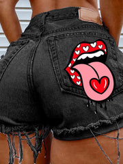 Mouth-Print Fringed Ripped Denim Shorts Ins Street