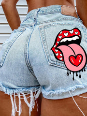 Mouth-Print Fringed Ripped Denim Shorts Ins Street