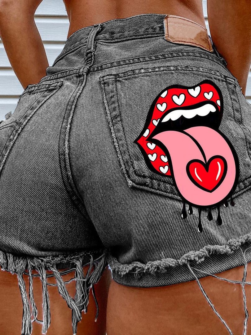 Mouth-Print Fringed Ripped Denim Shorts Ins Street