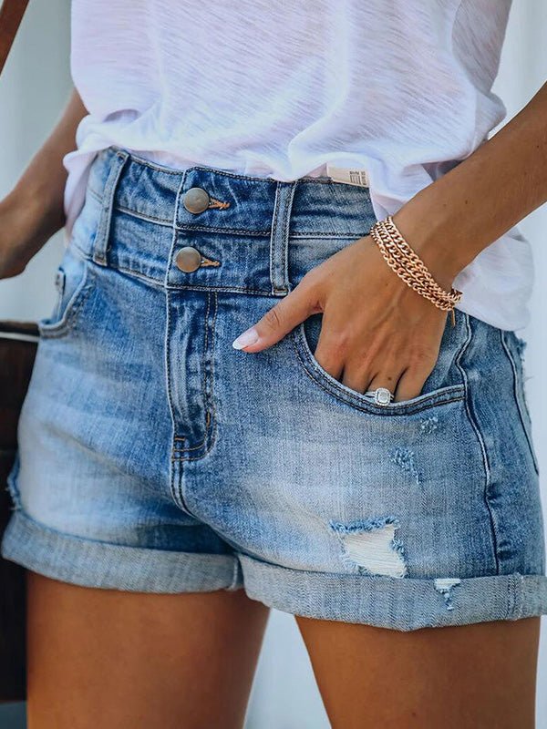 Shredded Rolled Stretch High Waist Denim Shorts Ins Street