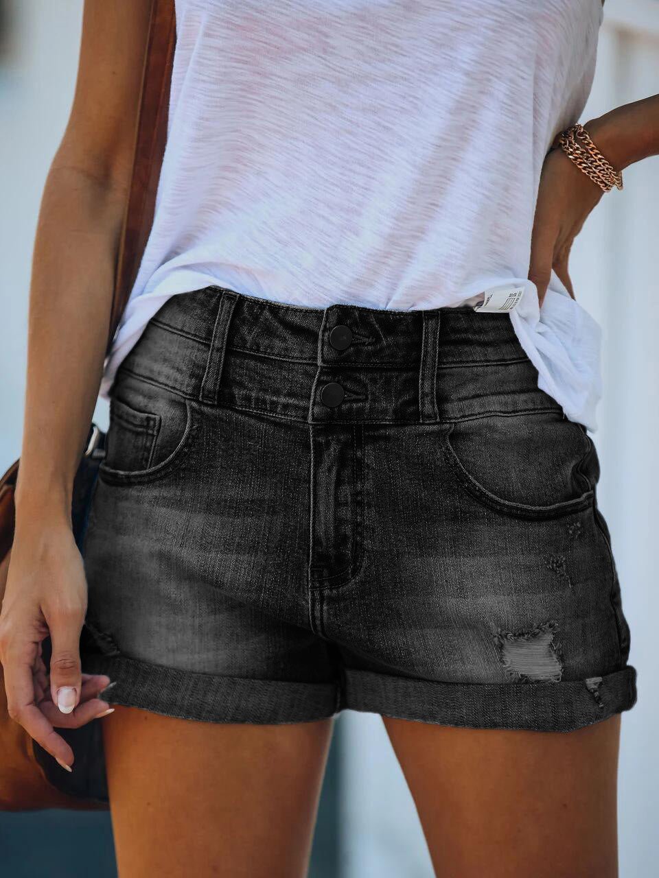 Shredded Rolled Stretch High Waist Denim Shorts Ins Street