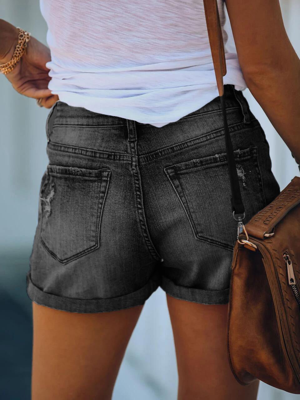 Shredded Rolled Stretch High Waist Denim Shorts Ins Street