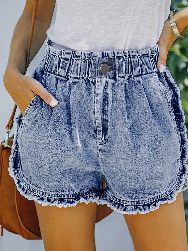 Stretch Elastic Waist Ruffled Denim Shorts Ins Street