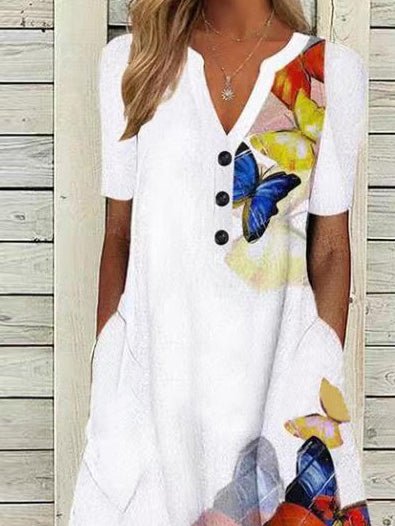 Butterfly Print V-Neck Button Short Sleeve Pocket Dress Ins Street