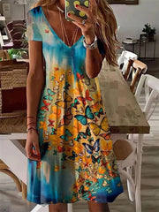 Butterfly Print V-Neck Short Sleeve Dress Ins Street