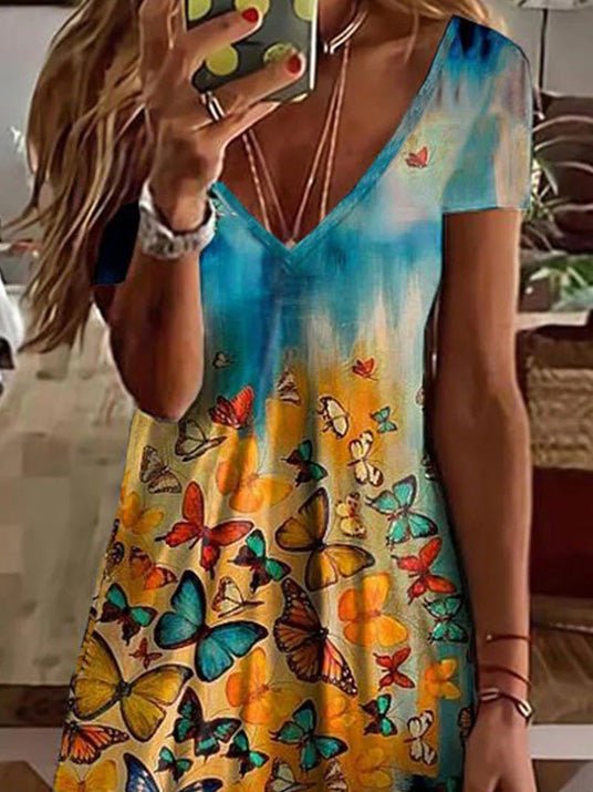 Butterfly Print V-Neck Short Sleeve Dress Ins Street