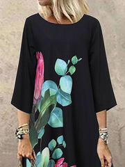 Casual Print Crew Neck Mid Sleeve Dress Ins Street