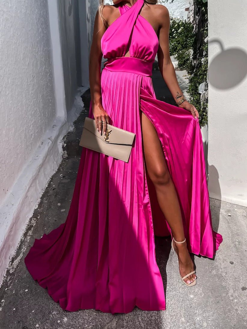 Cross Halterneck Pleated Sleeveless Slit Dress Ins Street