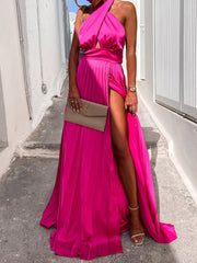 Cross Halterneck Pleated Sleeveless Slit Dress Ins Street