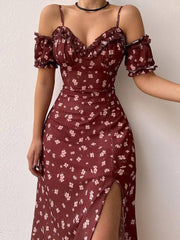 Floral Print Sling Off-The-Shoulder Slit Dress Ins Street