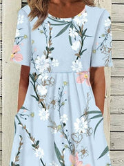 Floral Round Neck Short Sleeve Pocket Dress Ins Street