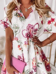 Floral V-Neck Short Sleeve Dress Ins Street