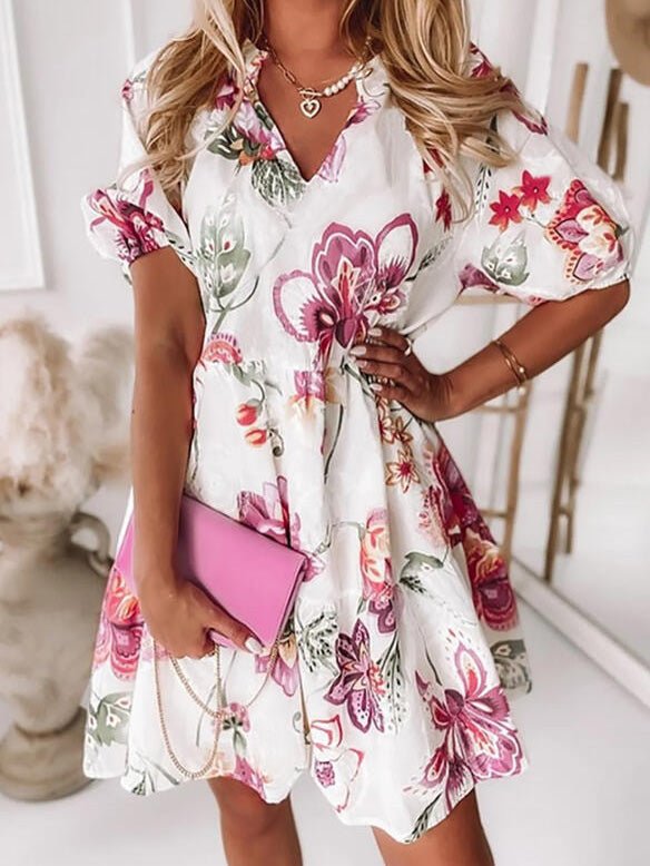 Floral V-Neck Short Sleeve Dress Ins Street