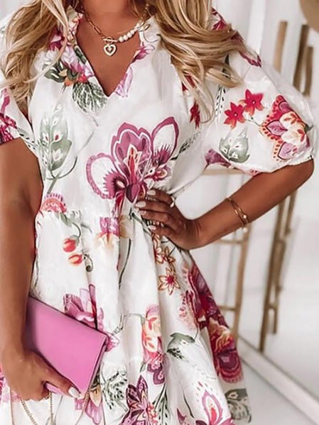 Floral V-Neck Short Sleeve Dress Ins Street