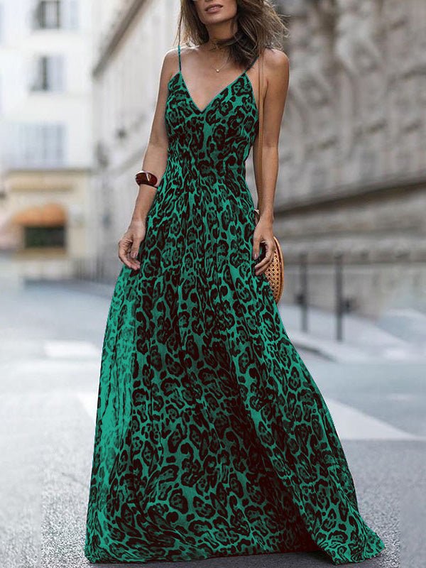 Leopard V-Neck Sling Bare Back Dress Ins Street