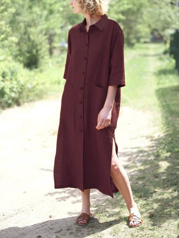 Loose Lapel Button Short Sleeve Shirt Dress Ins Street