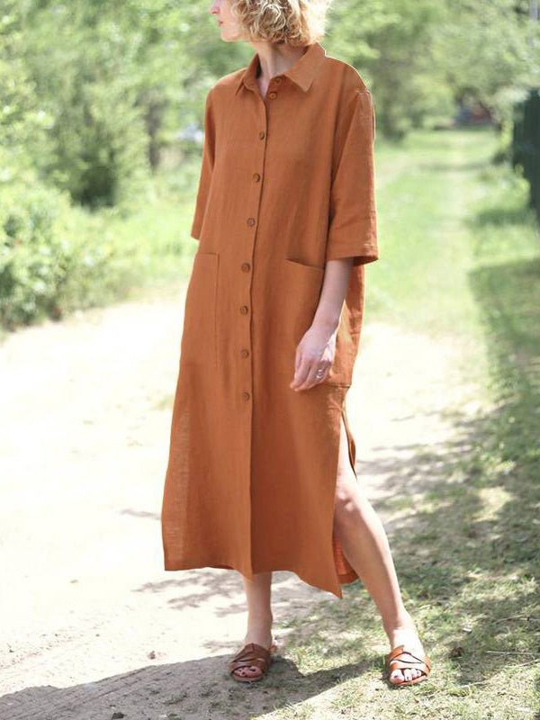 Loose Lapel Button Short Sleeve Shirt Dress Ins Street