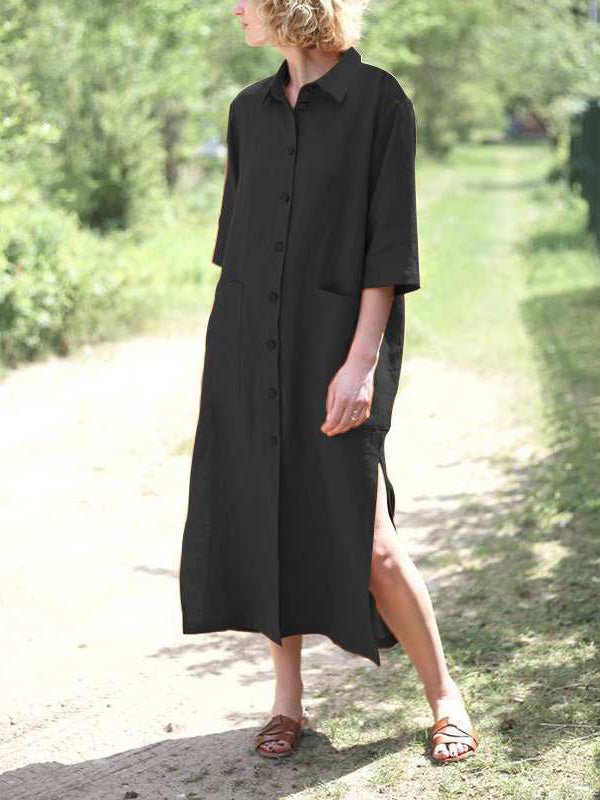 Loose Lapel Button Short Sleeve Shirt Dress Ins Street