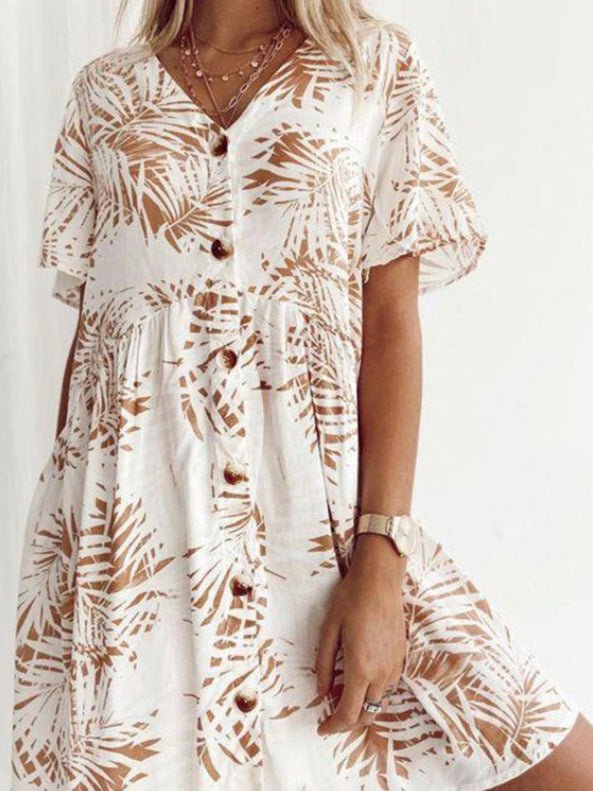 Loose Printed V-Neck Button Short Sleeve Dress Ins Street