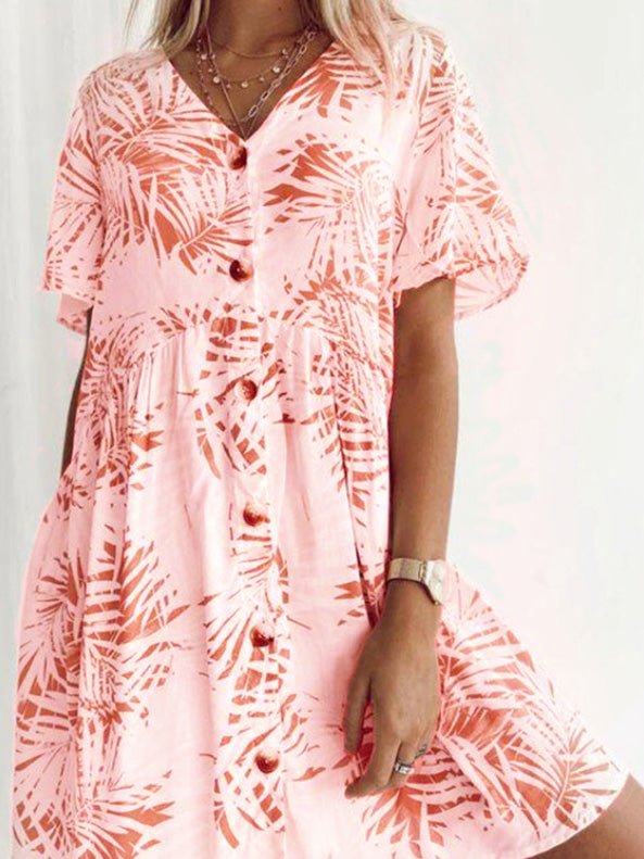 Loose Printed V-Neck Button Short Sleeve Dress Ins Street