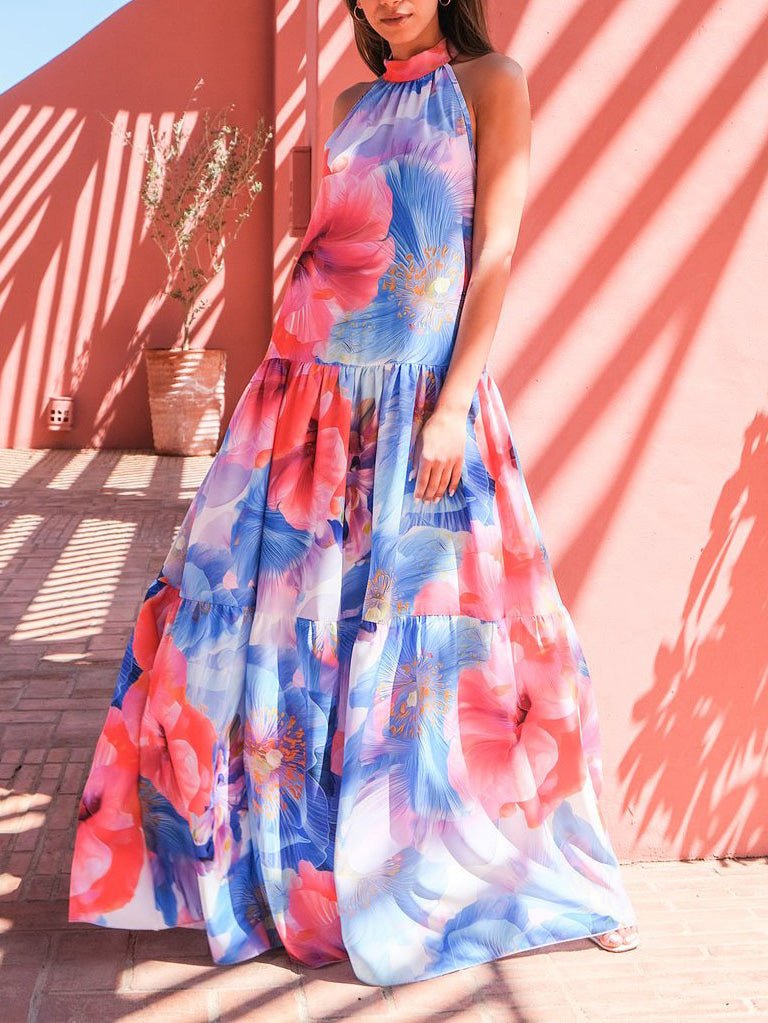 Multicolor Print Halter Neck Sleeveless Dress Ins Street
