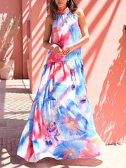 Multicolor Print Halter Neck Sleeveless Dress Ins Street