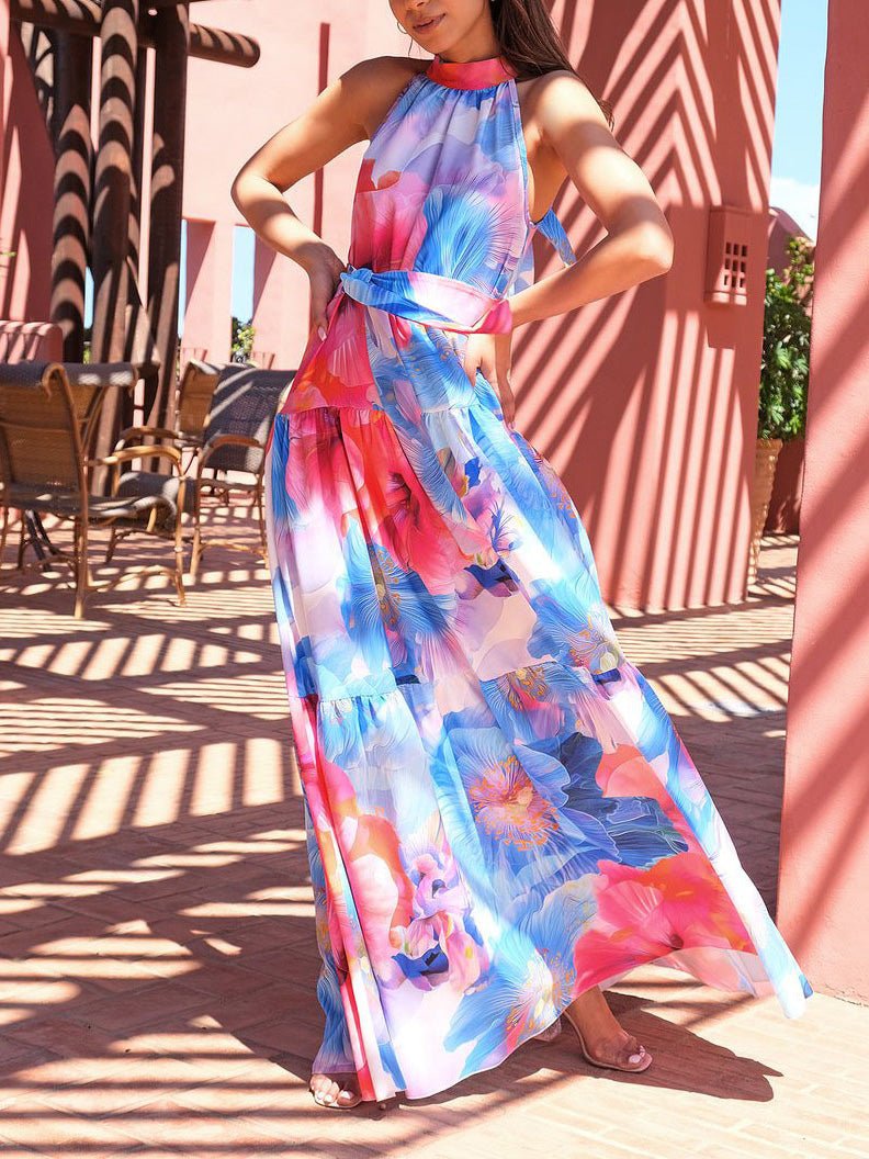 Multicolor Print Halter Neck Sleeveless Dress Ins Street