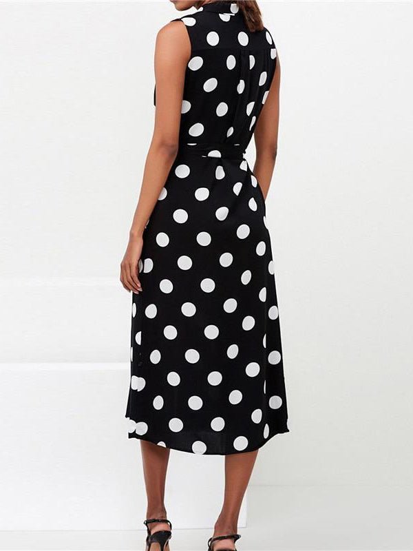 Polka Dot Print Lace-Up Sleeveless Shirt Dress Ins Street