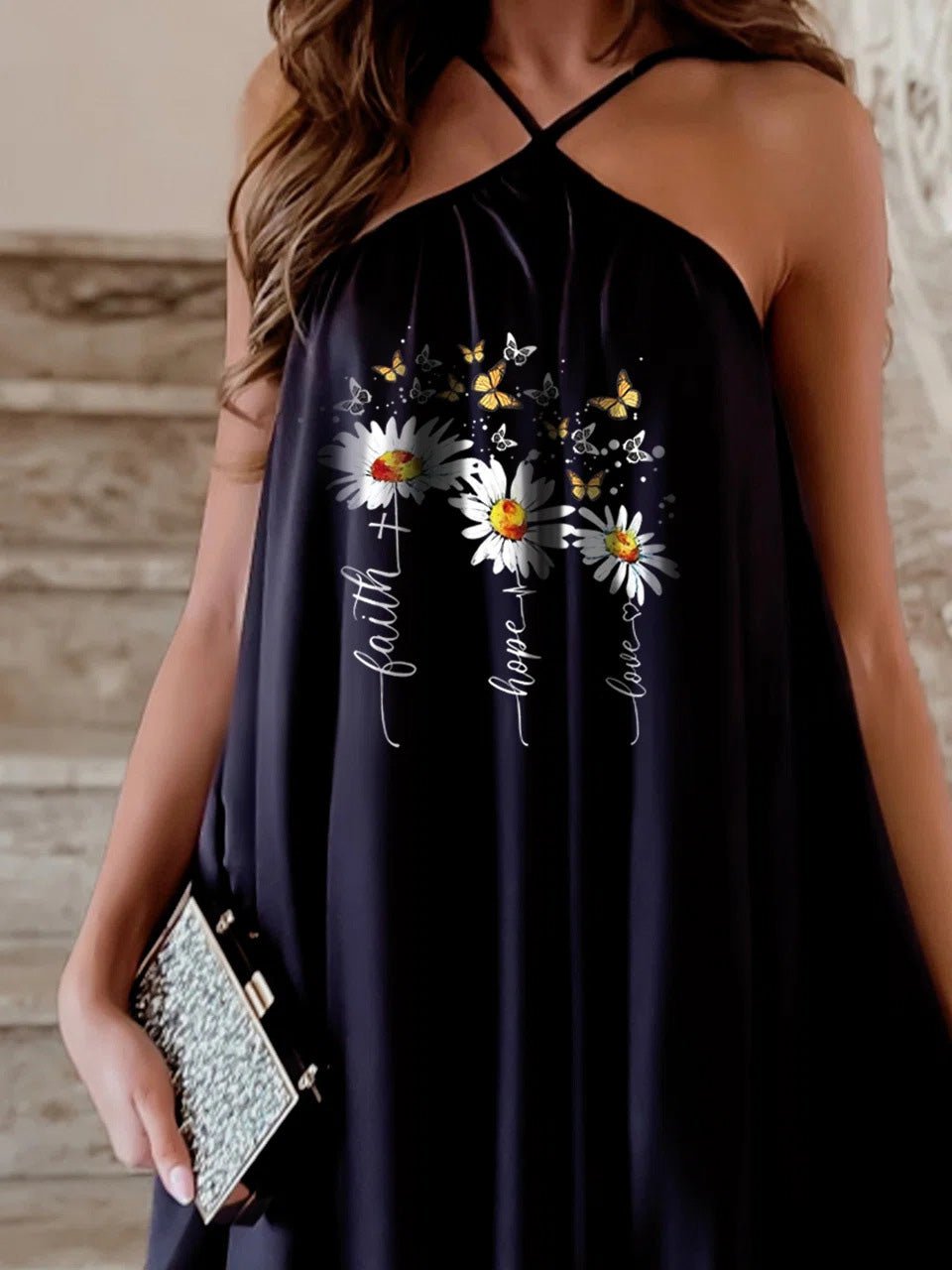 Print Halter Off Shoulder Sleeveless Dress Ins Street