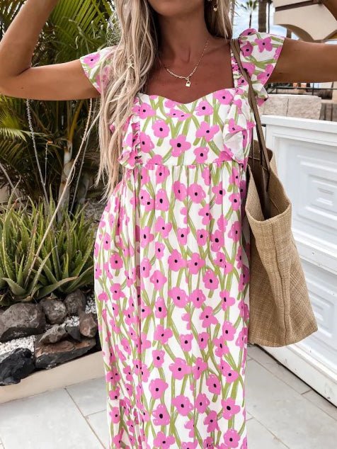 Printed Bare Back Ruffle Sleeve Dress Ins Street