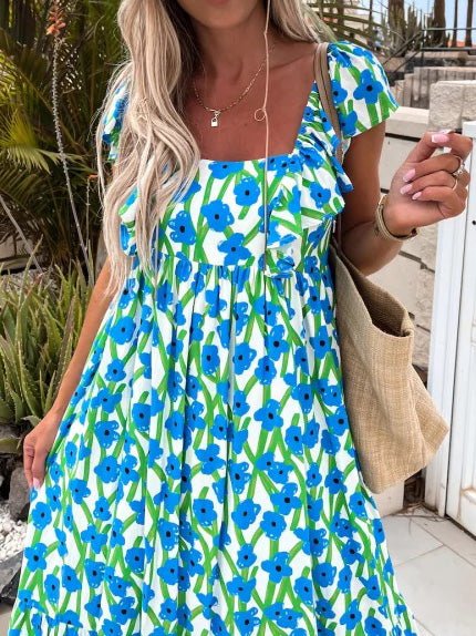 Printed Bare Back Ruffle Sleeve Dress Ins Street