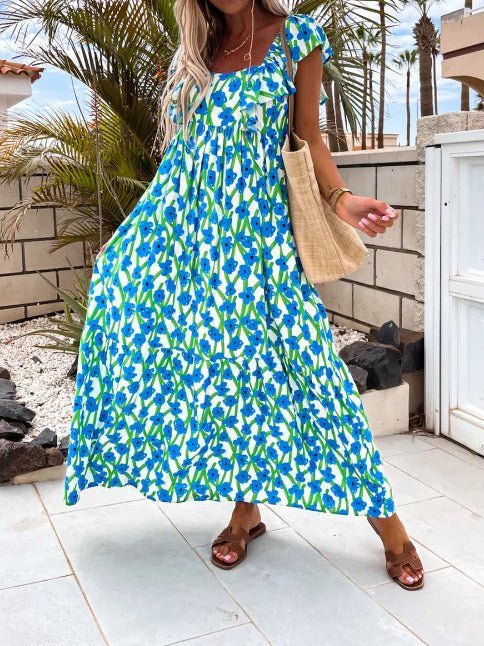 Printed Bare Back Ruffle Sleeve Dress Ins Street