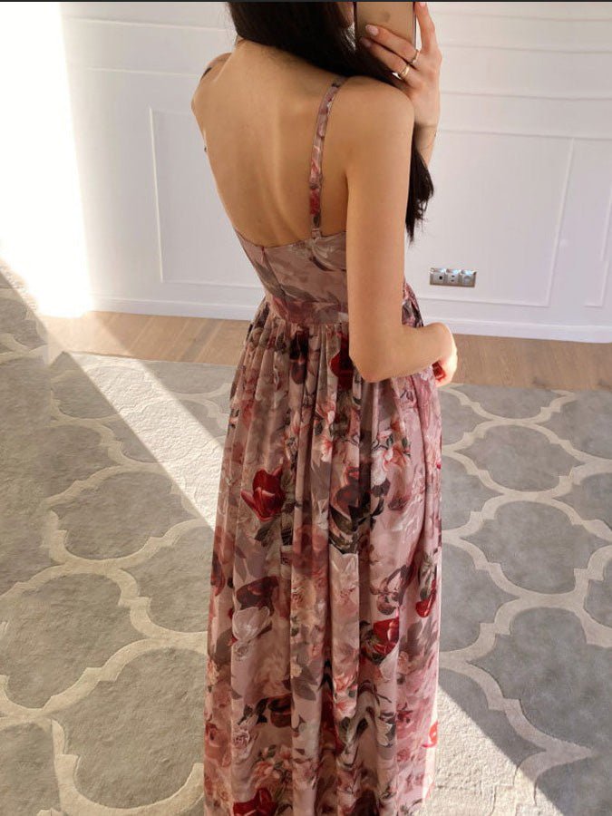 Printed Deep V-Neck Slit Sling Dress Ins Street