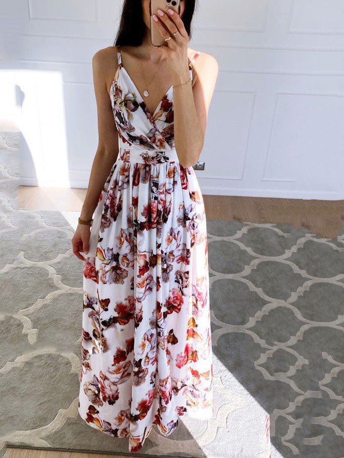 Printed Deep V-Neck Slit Sling Dress Ins Street