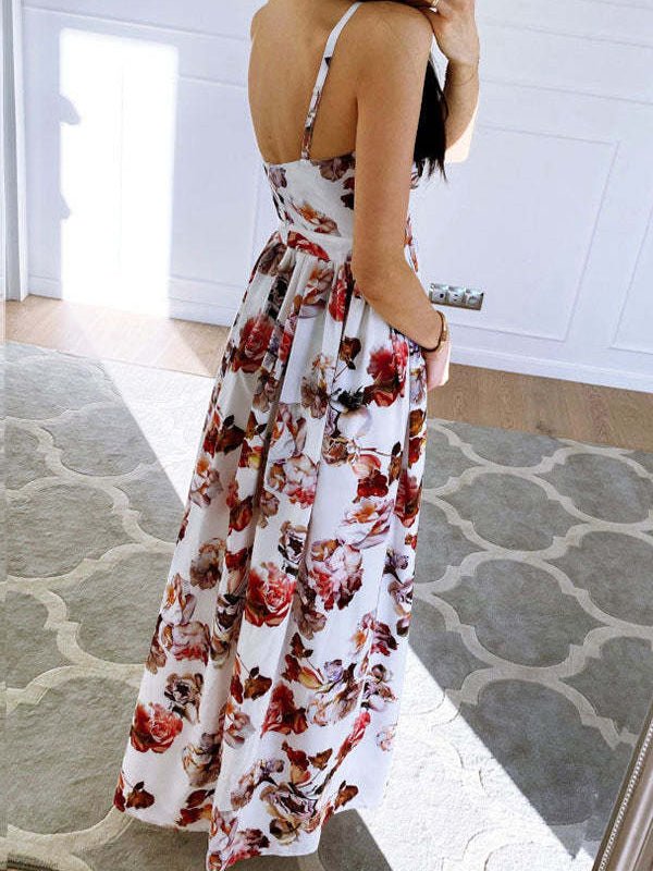 Printed Deep V-Neck Slit Sling Dress Ins Street