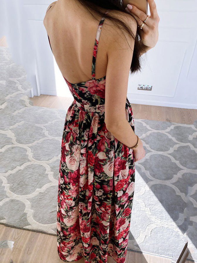 Printed Deep V-Neck Slit Sling Dress Ins Street