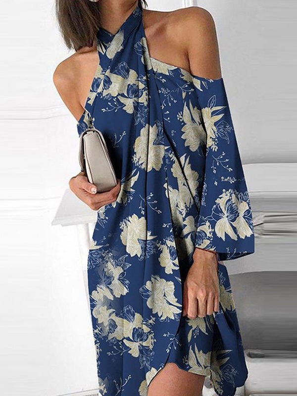 Printed Halter Off-Shoulder Irregular Dress Ins Street