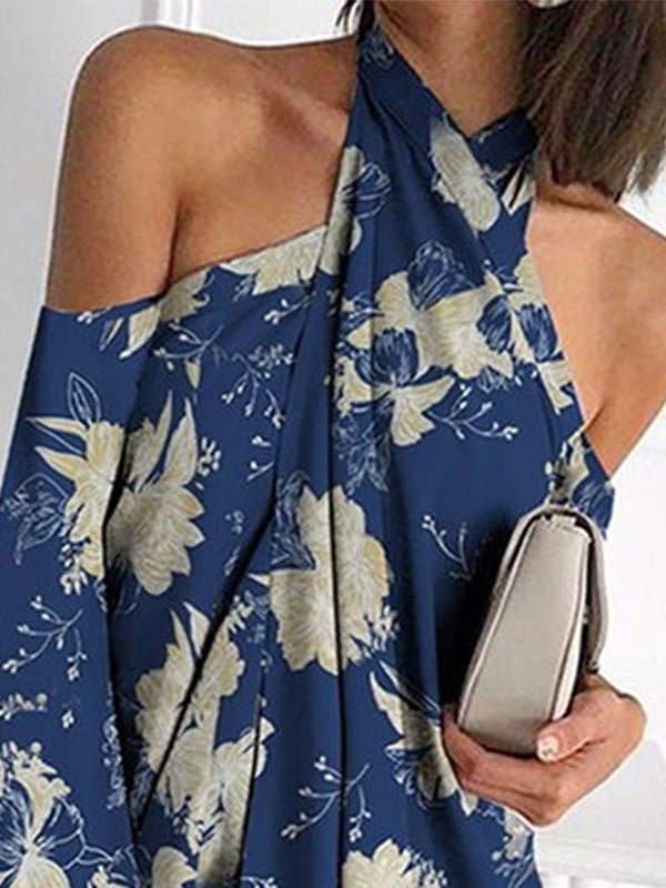 Printed Halter Off-Shoulder Irregular Dress Ins Street