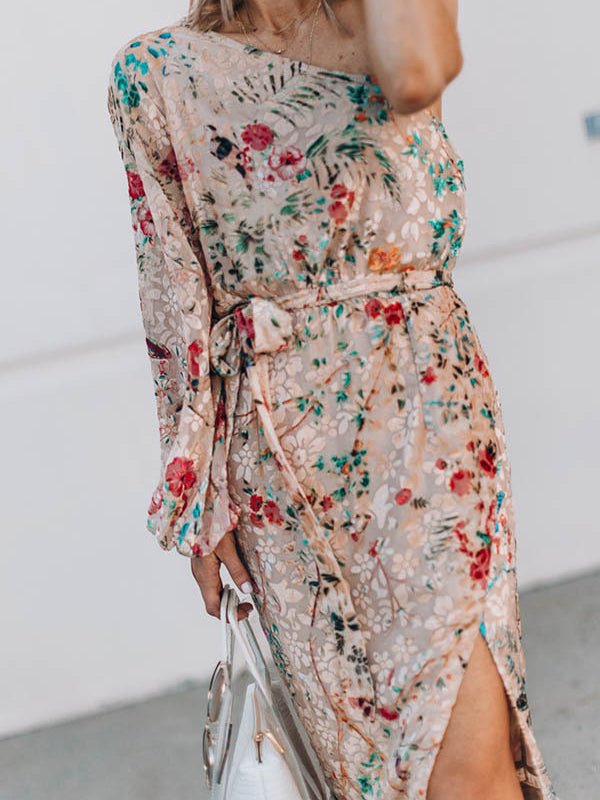 Printed Sloping Shoulder Slit Ruffle Dress Ins Street