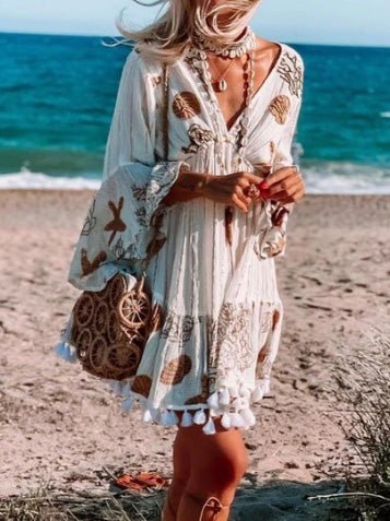 Printed V-Neck Fringed Long-Sleeve Dress Ins Street