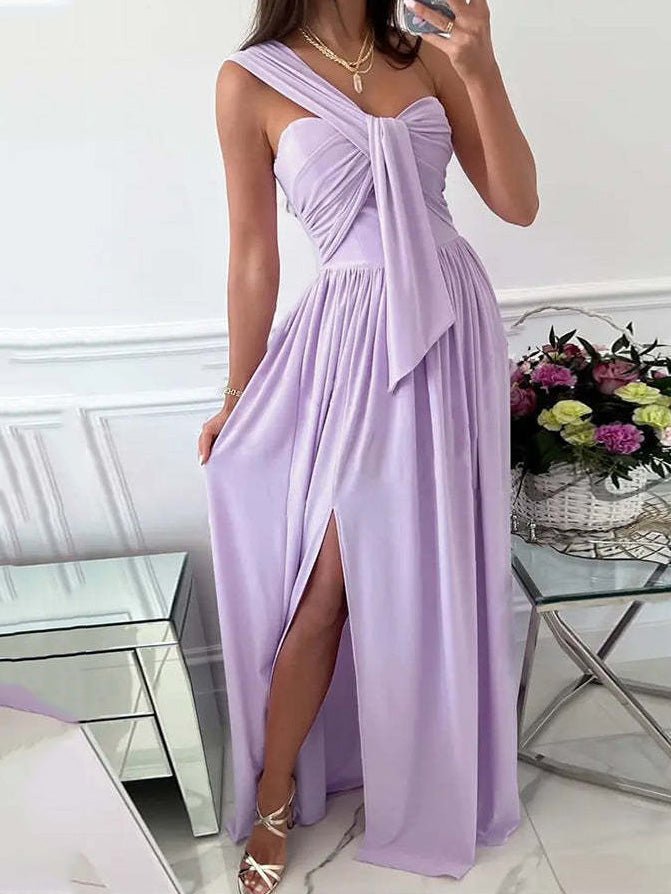 Simple Sleeveless Off Shoulder Slit Dress Ins Street