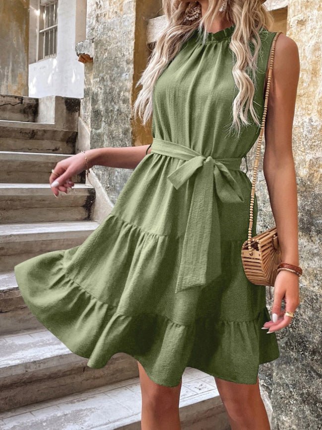 Solid Tie Ruffle Sleeveless Dress Ins Street