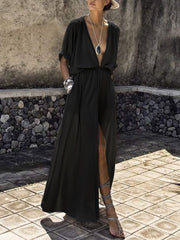 Solid V-Neck Mid-Sleeve Slit Dress Ins Street