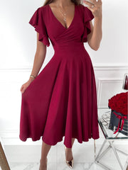 Solid V-Neck Ruffle Sleeve Dress Ins Street