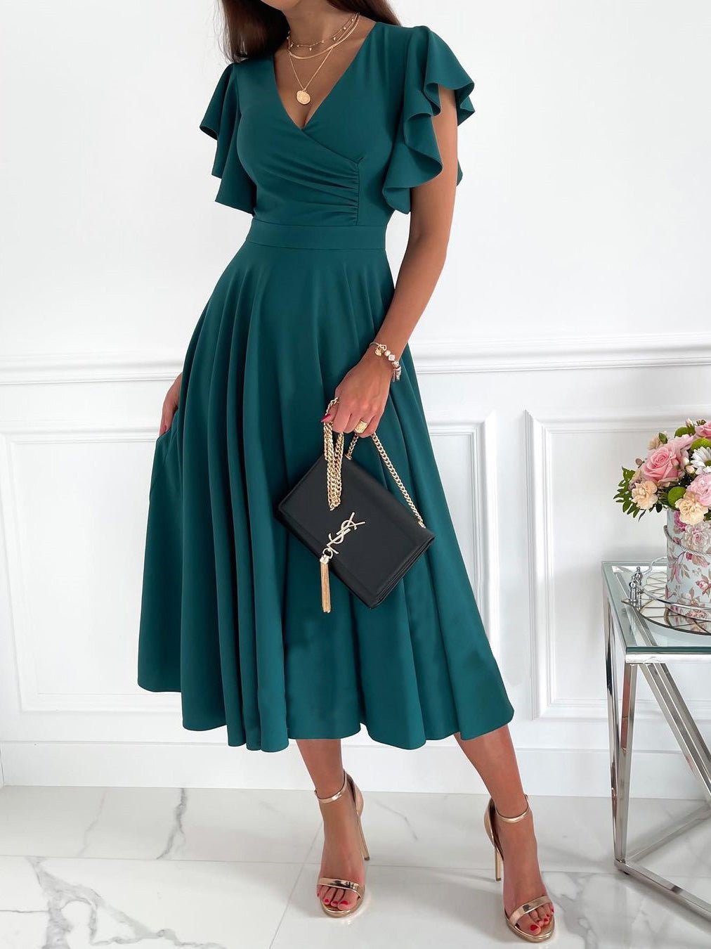 Solid V-Neck Ruffle Sleeve Dress Ins Street